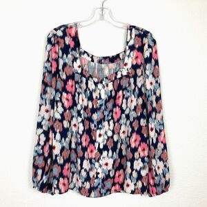 Loft Women's Pullover Tunic Top Size M Pink Brown Floral Square Neck Long Sleeve